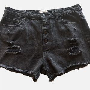 Forever 21 High Rise 4 Button Fly Black Distressed Denim Shorts Size 30